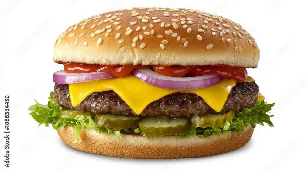 A classic cheeseburger with a juicy beef patty, melted American cheese, lettuce A classic cheeseburger with a juicy beef patty, melted American cheese, lettuce