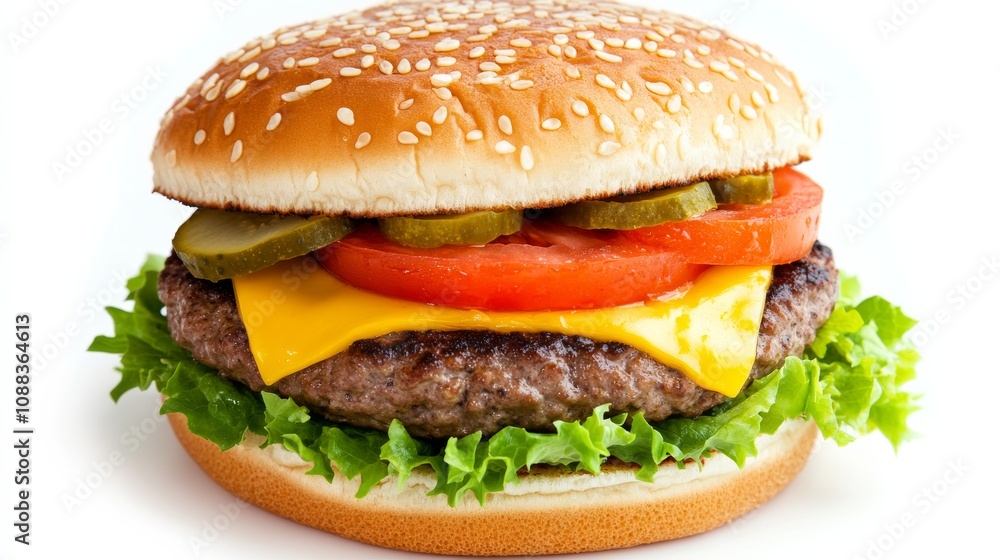 A classic cheeseburger with a juicy beef patty, melted American cheese, lettuce A classic cheeseburger with a juicy beef patty, melted American cheese, lettuce