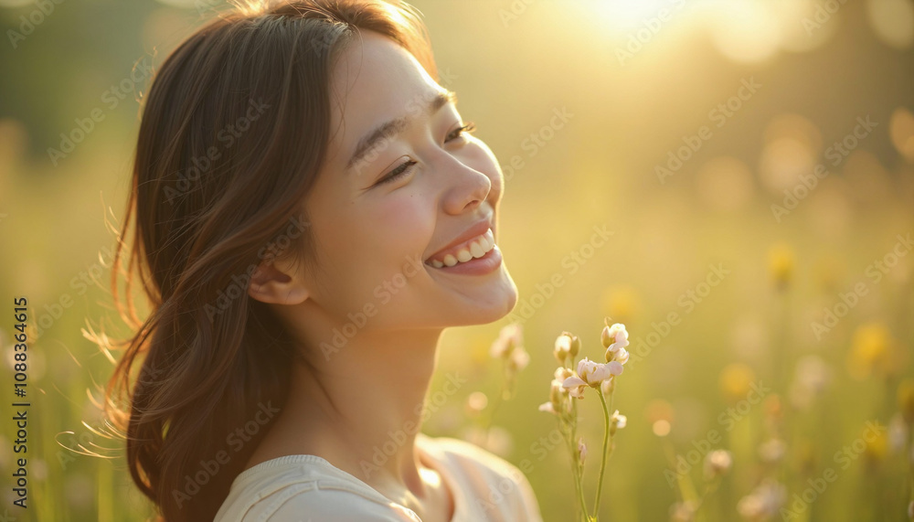 Naklejka premium Young Asian lady in the meadow. Makeup free, serene young models. Many uses from health to social