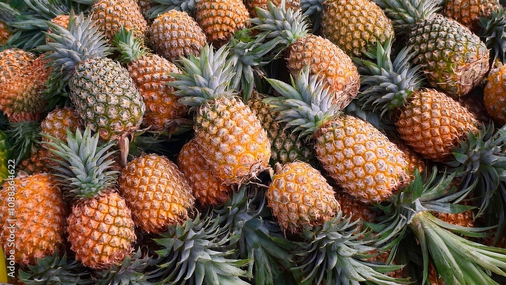 Bunch of ripe pineapples piled together, capturing the essence of tropical freshness
Bunch of ripe pineapples piled together, capturing the essence of tropical freshness