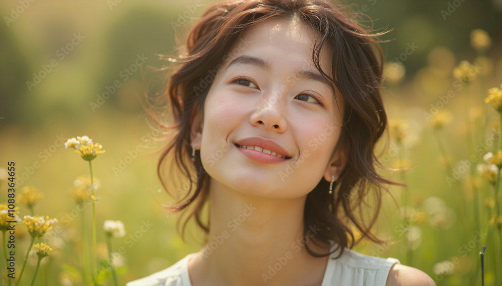 Young Asian lady in the meadow. Makeup free, serene young models. Many uses from health to social