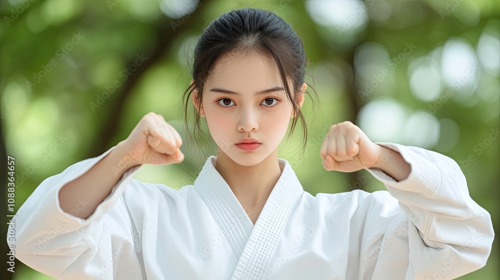 Young Woman Practicing Martial Arts in a Park Young Woman Practicing Martial Arts in a Park