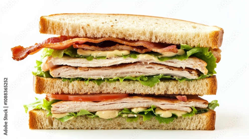 A classic club sandwich with layers of toasted bread, turkey, bacon A classic club sandwich with layers of toasted bread, turkey, bacon