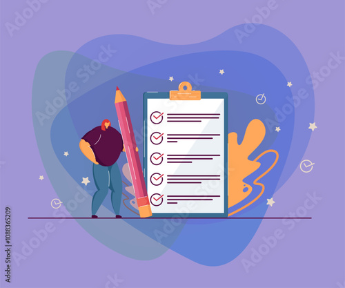 Tiny woman holding pencil and checking completed tasks on clipboard flat vector illustration. Cartoon businesswoman working with document. Success and business achievement concept