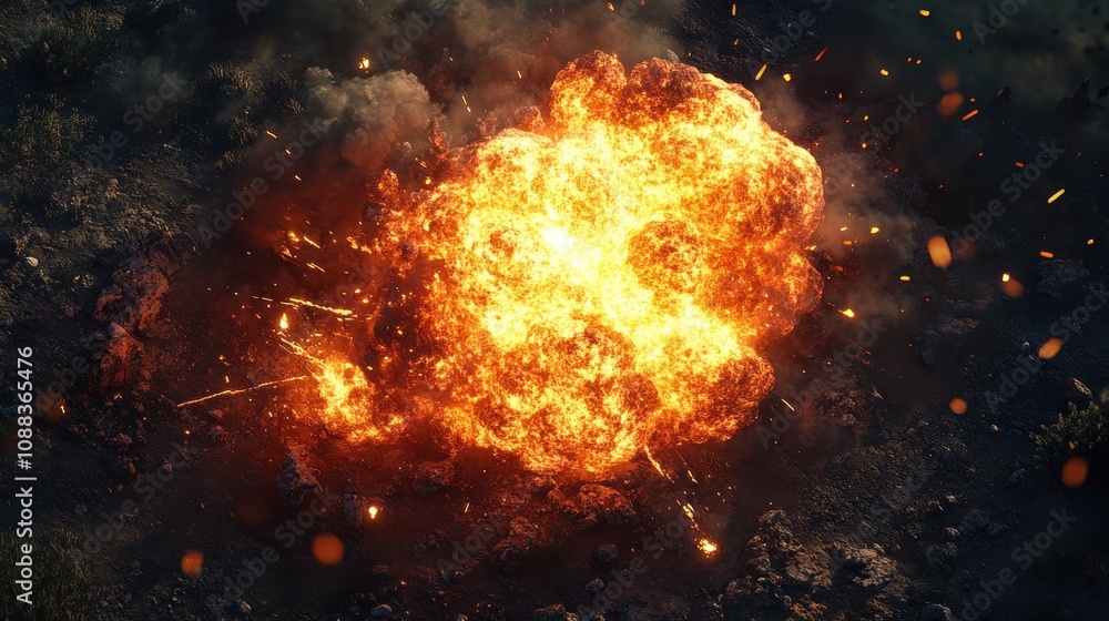 A small explosion with blazing flames and debris flying into the air creates an atmosphere of excitement and unrest. A small explosion with blazing flames and debris flying into the air creates an atmosphere of excitement and unrest.