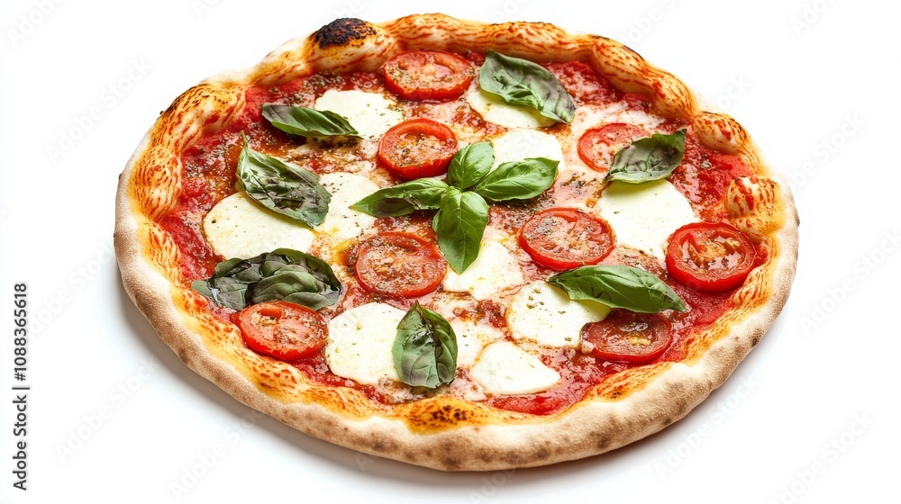 A classic Margherita pizza with a thin crust, tangy tomato sauce, fresh mozzarella cheese A classic Margherita pizza with a thin crust, tangy tomato sauce, fresh mozzarella cheese