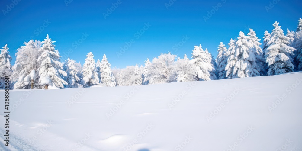Winter landscape covered in fresh white snow, with snow-covered trees and a clear blue sky in the background, nature Winter landscape covered in fresh white snow, with snow-covered trees and a clear blue sky in the background, nature