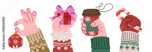A set of winter hands in mittens holding gifts, a Christmas tree toy, coffee and a lollipop stick. Christmas trendy flat style illustration isolated on white