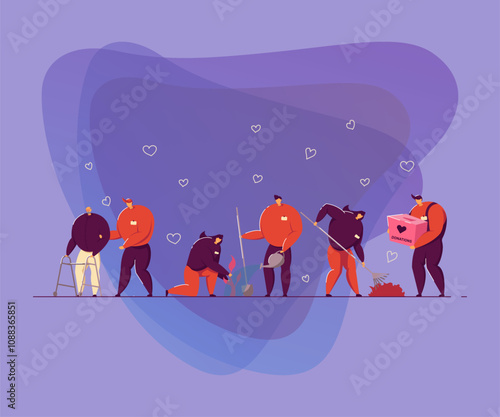 Volunteering and charity concept. Volunteers collecting donations, planting trees, taking care about nature, giving help and support to senior people. Vector illustration in flat style