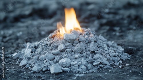 A light gray pile of ashes, with a small flame still burning, gives the image of an undying memory. photo