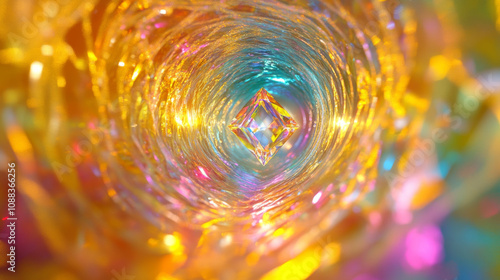 A looping 3D animation of a yellow diamond-shaped tunnel in a vibrant, neon-lit virtual world.