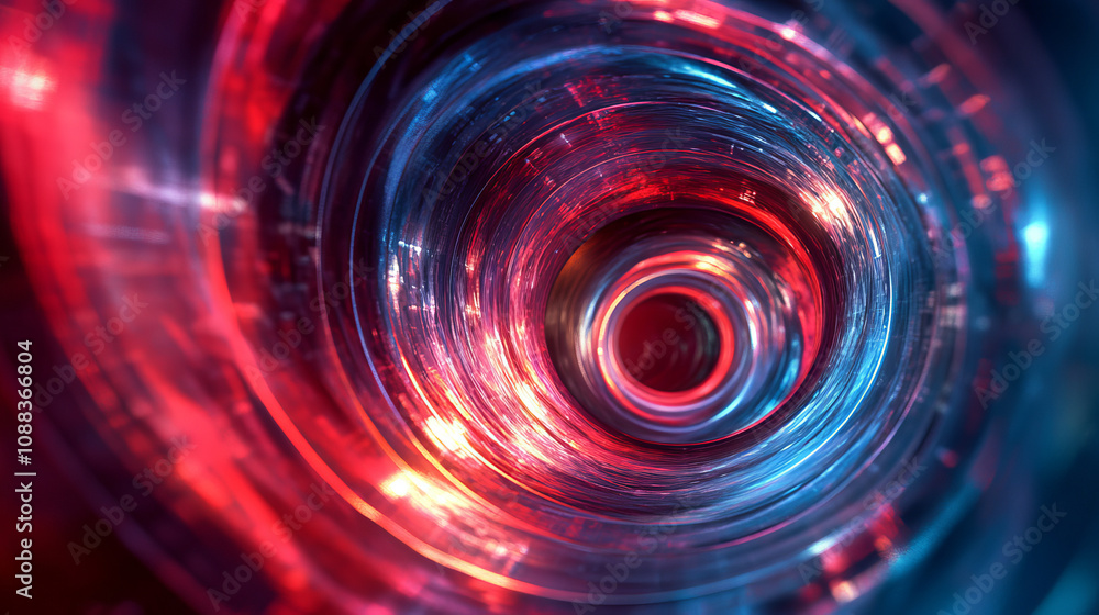 A cool, looping 3D animation shows a red and blue ring in a futuristic tunnel. A cool, looping 3D animation shows a red and blue ring in a futuristic tunnel.