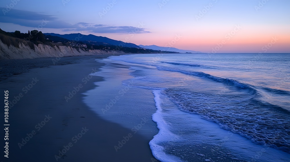 Fototapeta premium Tranquil beach scene at sunset with gentle waves and soft pastel colors.