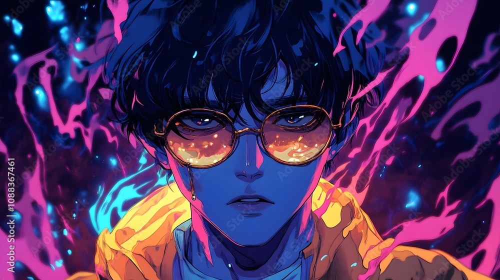 Male character with black hair and glasses, surrounded by vibrant abstract colors.