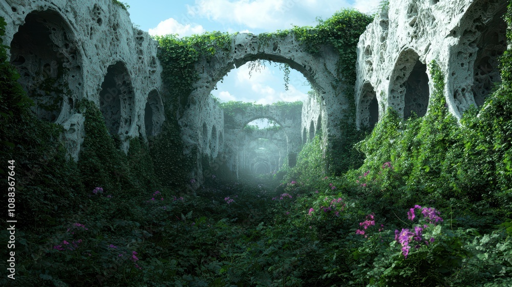 Fototapeta premium Enchanted stone archway in lush green forest