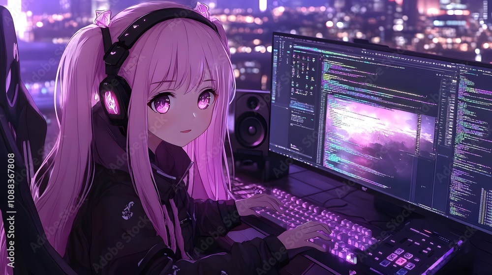 A young girl with pink hair coding at a computer in a vibrant neon setting. A young girl with pink hair coding at a computer in a vibrant neon setting.