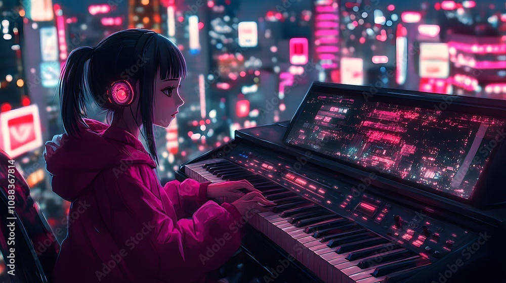 Obraz premium A young Asian girl plays a keyboard with a neon cityscape backdrop at night.