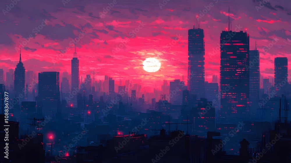Fototapeta premium A vibrant sunset over a futuristic city skyline with dramatic colors.