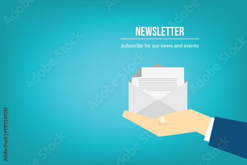 Newsletter. vector illustration of email marketing. subscription to newsletter, news, offers, promotions. a letter and envelope. subscribe, submit. send by mail.