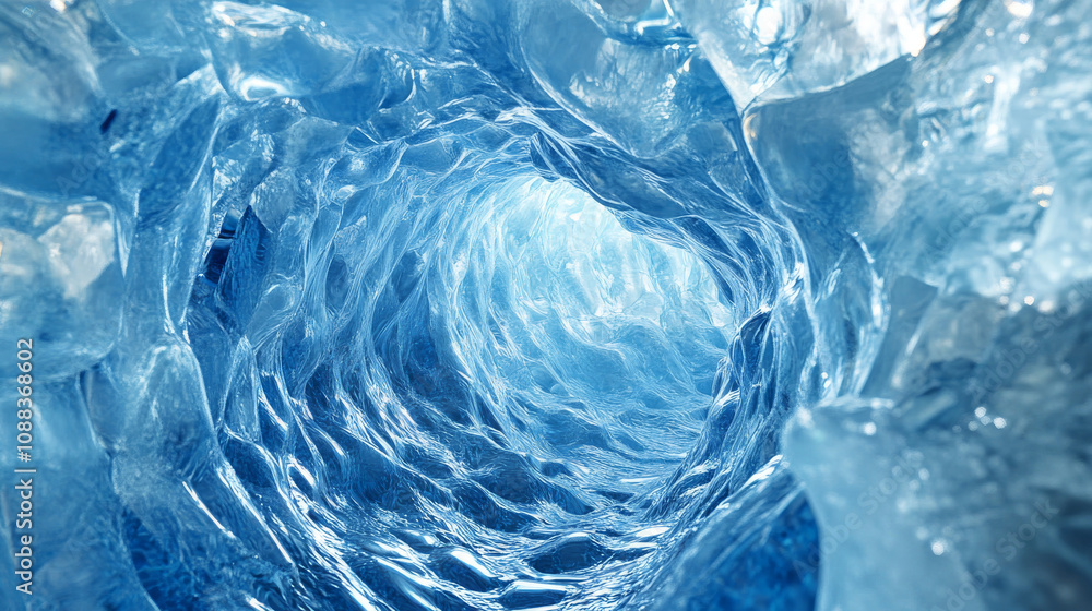 A looping 3D animation shows a blue hexagonal crystal tunnel, like a snowdrift. A looping 3D animation shows a blue hexagonal crystal tunnel, like a snowdrift.