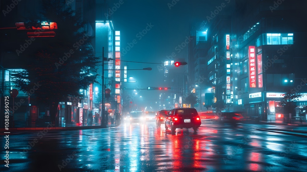 Fototapeta premium Neon-lit city street at night with cars and wet pavement reflecting colorful lights.