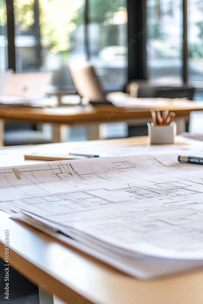 Architectural plans on a large conference table during a project meeting Architectural plans on a large conference table during a project meeting
