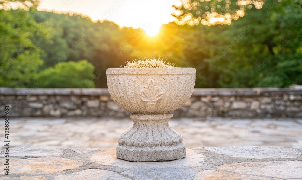 Stone bowl with wheat stalks against sunset landscape Stone bowl with wheat stalks against sunset landscape