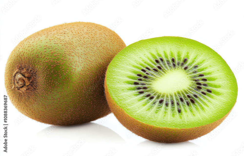 Fresh kiwi fruit, whole and sliced, showcasing vibrant green flesh and brown skin. Perfect for healthy snacks and smoothies Fresh kiwi fruit, whole and sliced, showcasing vibrant green flesh and brown skin. Perfect for healthy snacks and smoothies