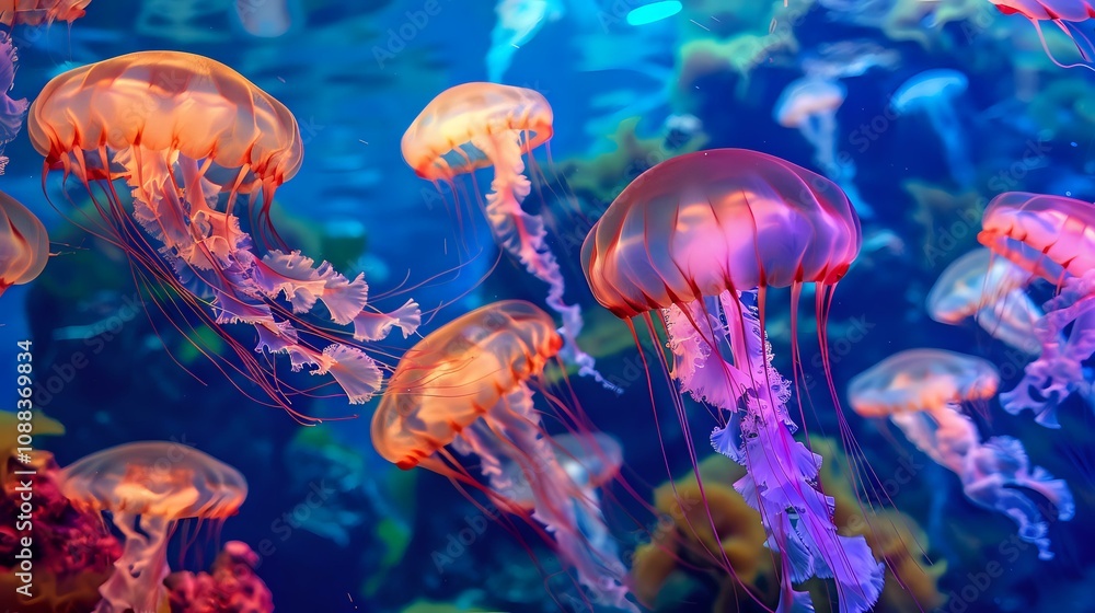 A vibrant underwater scene featuring glowing jellyfish in a colorful marine environment. A vibrant underwater scene featuring glowing jellyfish in a colorful marine environment.