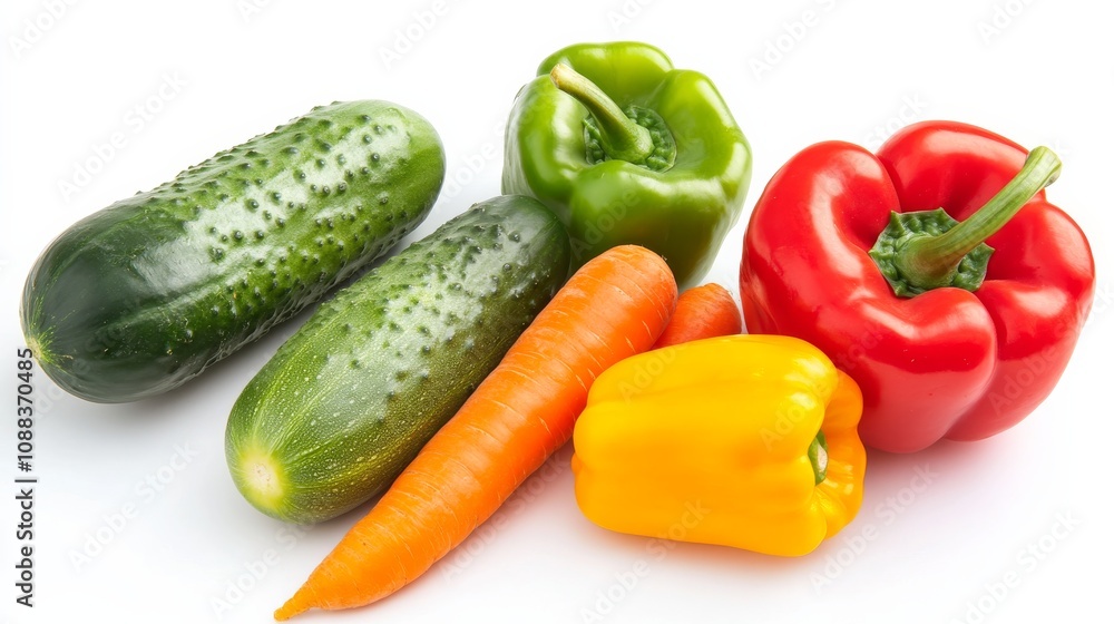 A colorful array of fresh vegetables including bell peppers, carrots, and cucumbers A colorful array of fresh vegetables including bell peppers, carrots, and cucumbers