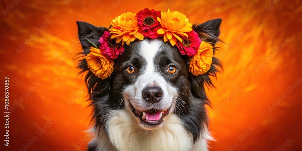 Portrait of a Border Collie Adorned with a Marigold Flower Crown for Day of the Dead Celebration, Capturing Vibrant Colors and Festive Spirit in a Stunning Outdoor Setting Portrait of a Border Collie Adorned with a Marigold Flower Crown for Day of the Dead Celebration, Capturing Vibrant Colors and Festive Spirit in a Stunning Outdoor Setting