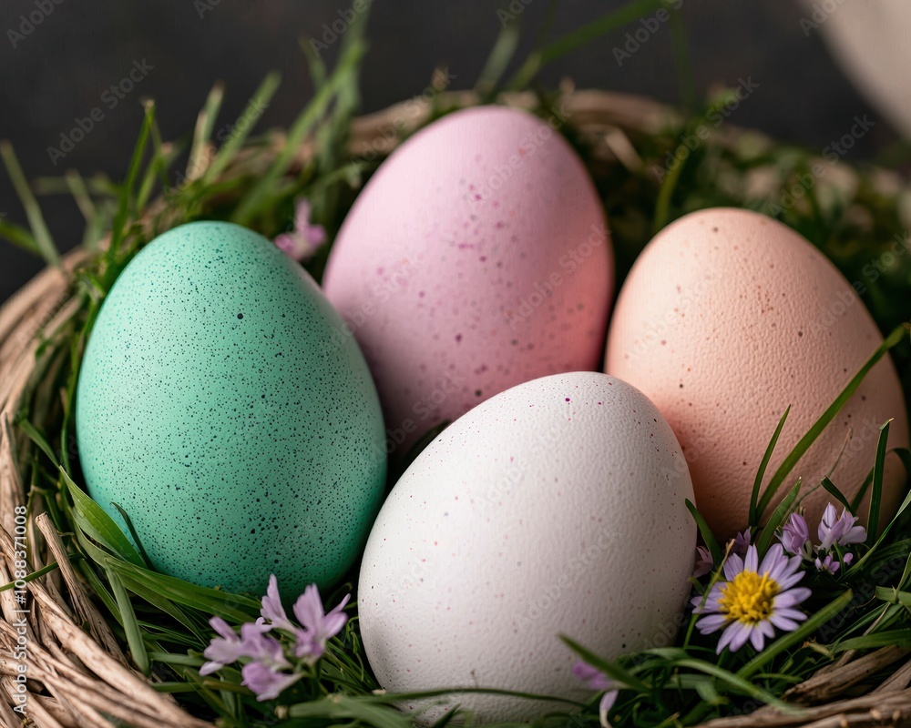 Colorful Easter eggs in a nest with flowers Colorful Easter eggs in a nest with flowers