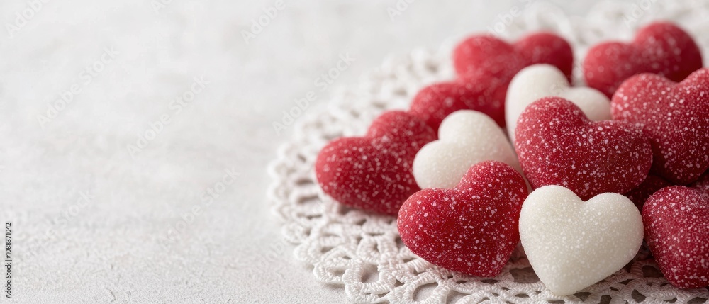 Delicious heart-shaped candies on a lace doily Delicious heart-shaped candies on a lace doily