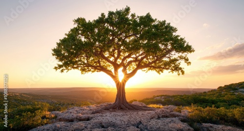 Majestic tree silhouetted against a vibrant sunset landscape