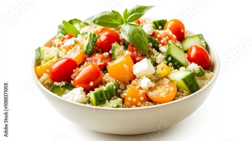 A colorful bowl of quinoa salad with cherry tomatoes, cucumber, bell peppers