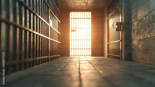 Wallpaper Mural A dimly lit prison corridor with barred doors, sunlight streaming through, creating a stark contrast between light and shadow. Torontodigital.ca