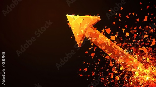 A dynamic orange arrow composed of fragmented shapes, symbolizing upward movement and progress against a dark background.