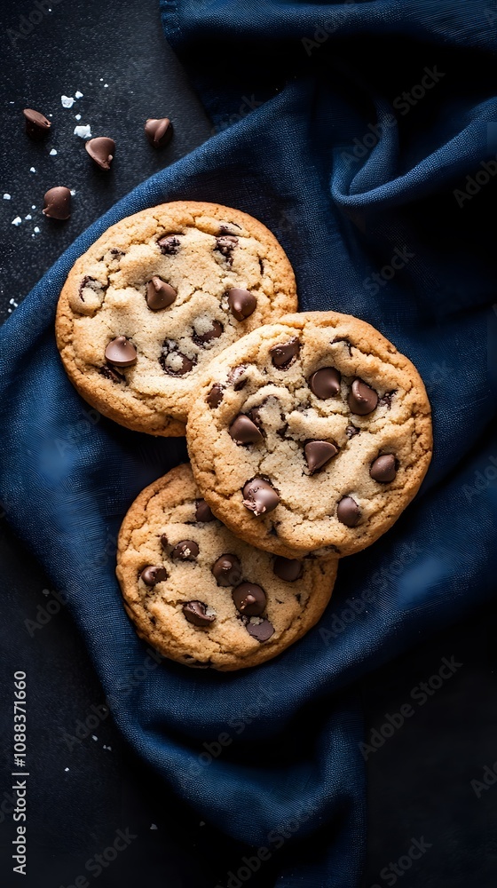 Naklejka premium Freshly baked chocolate chip cookies on a dark blue cloth.
