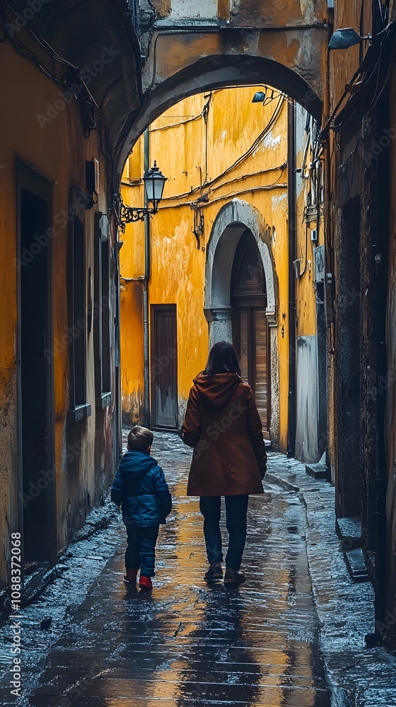 A woman and a child walk through a quaint alley on a rainy day. A woman and a child walk through a quaint alley on a rainy day.