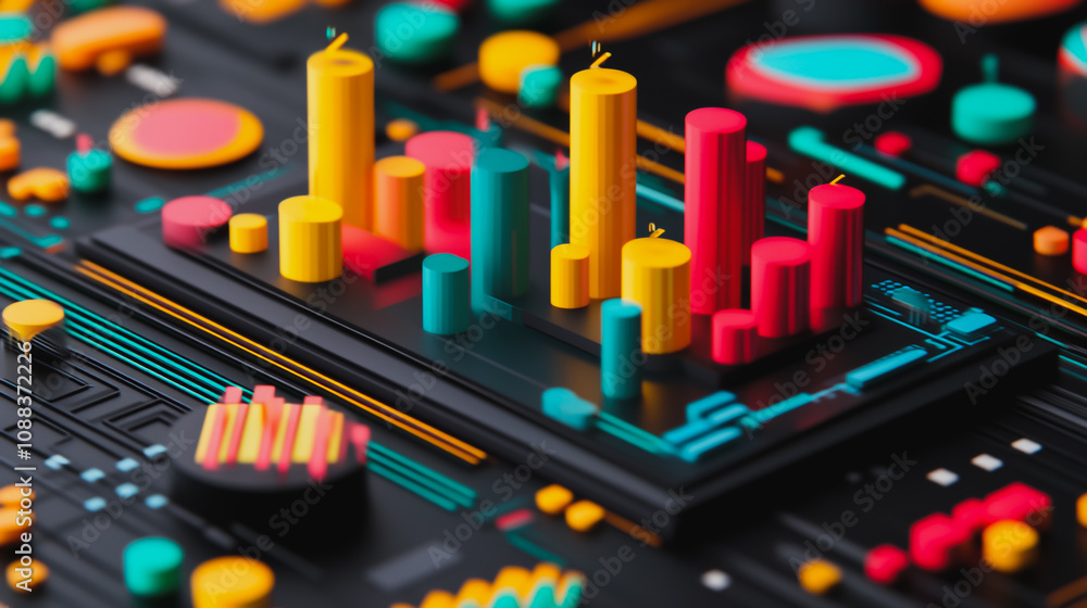 Abstract black background with 3D Colorful charts and graphs with statistics to innovative analyze business potential and forecast future development of companies growth. Abstract black background with 3D Colorful charts and graphs with statistics to innovative analyze business potential and forecast future development of companies growth.