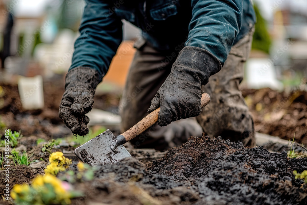 Naklejka premium Professional gravedigger preparing tools for work in a cemetery