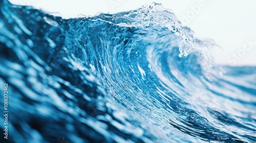 A close-up view of a blue ocean wave cresting, showcasing the texture and movement of water under natural light.