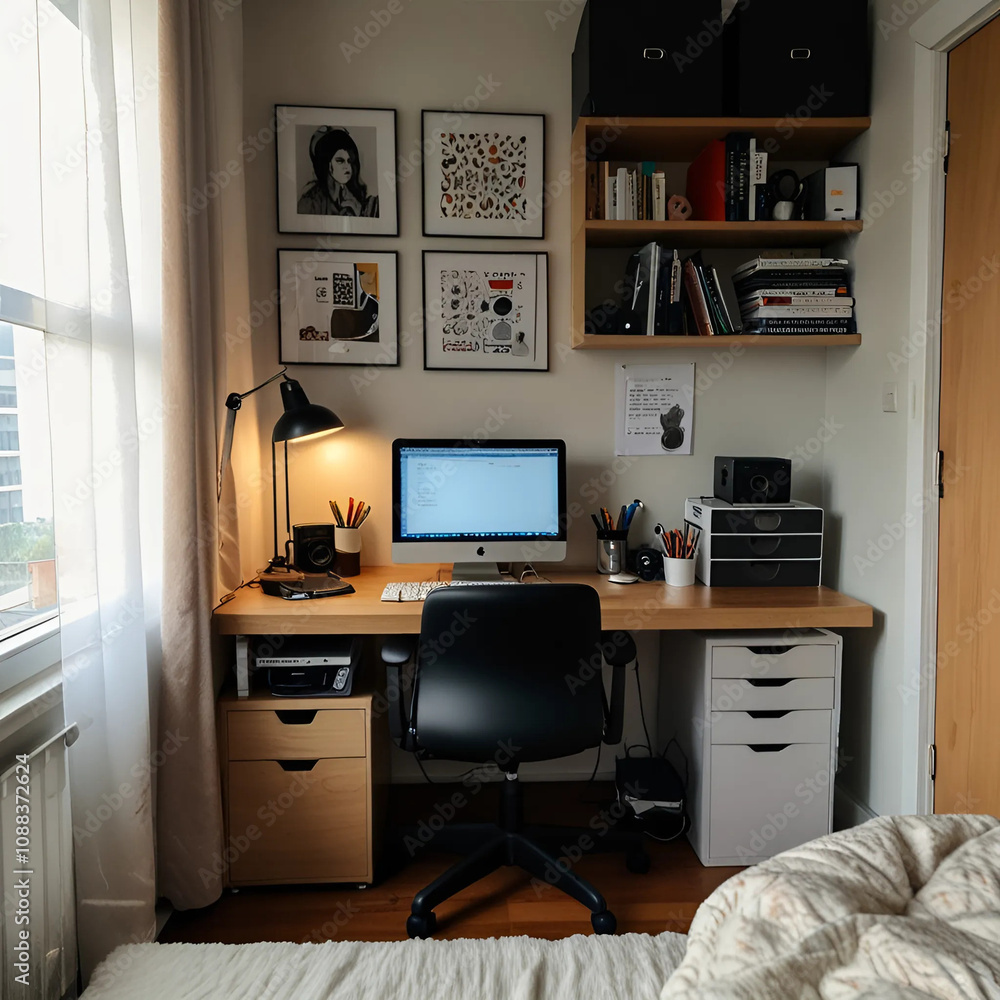 Creative workspace room illustration, artistic desk setup Creative workspace room illustration, artistic desk setup