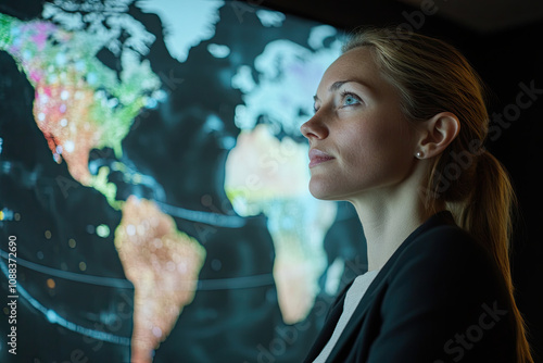 Businesswoman in front of a large screen showing global communication photo