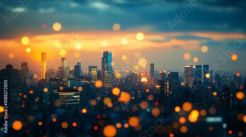 Cityscape at Sunset Bokeh Lights Illuminate Buildings