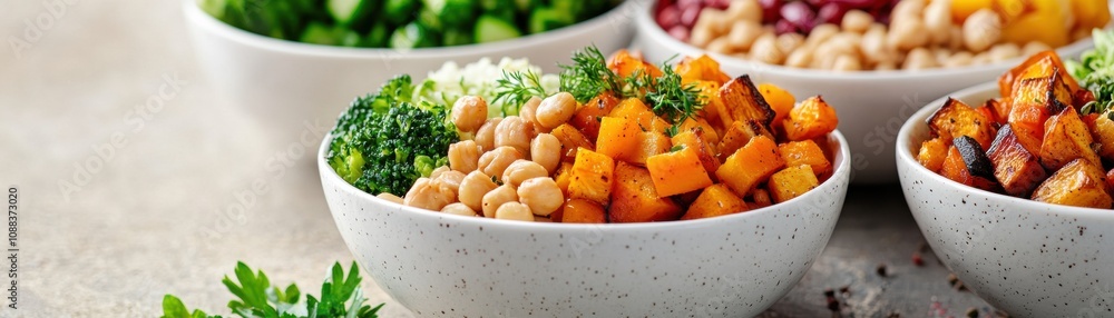 Colorful bowls of healthy salad ingredients on a rustic surface, perfect for a nutritious meal. Colorful bowls of healthy salad ingredients on a rustic surface, perfect for a nutritious meal.