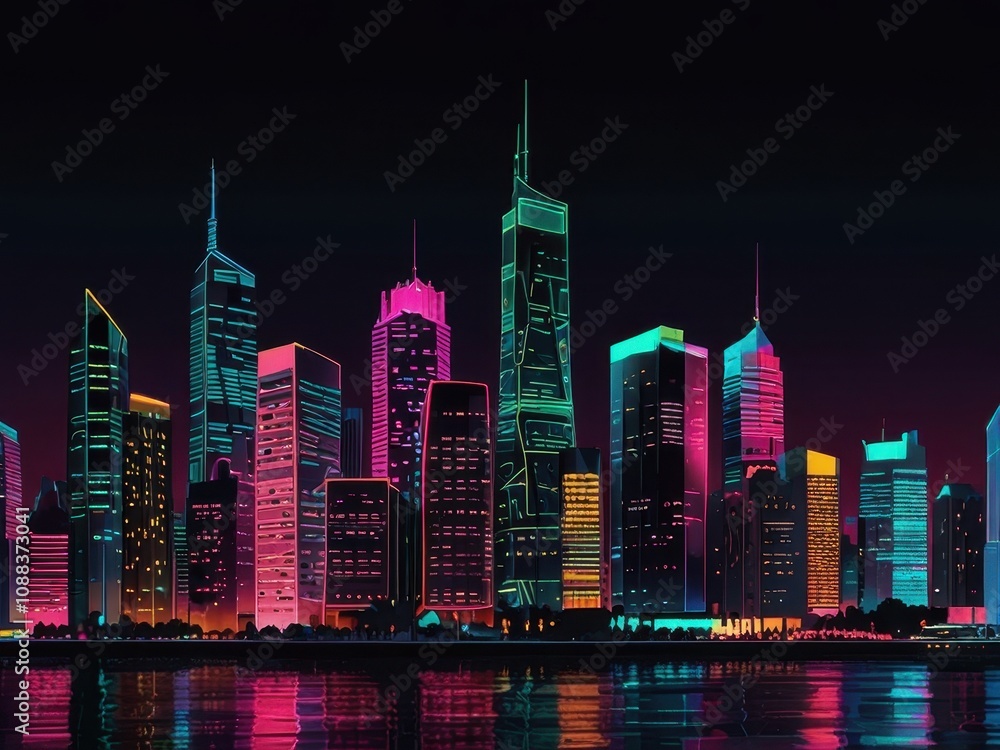 Obraz premium Urban Night Cityscape with Vibrant Neon Lights for AMOLED Wallpaper