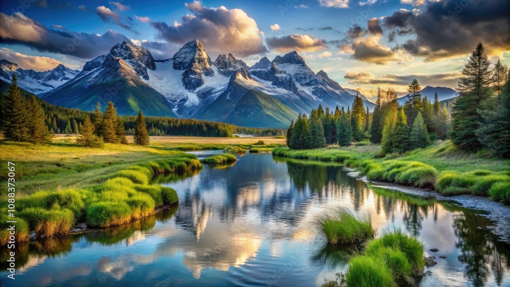 Serene Mountain Landscape with River and Wildlife, Majestic Peaks, Tranquil Waters, Lush Greenery, Nature's Beauty, Scenic Views, Rich Ecosystem, Peaceful Wilderness, Wildlife Habitat Serene Mountain Landscape with River and Wildlife, Majestic Peaks, Tranquil Waters, Lush Greenery, Nature's Beauty, Scenic Views, Rich Ecosystem, Peaceful Wilderness, Wildlife Habitat