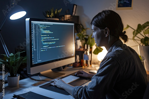 A worker typing late into the night, with only their computer screen providing light photo