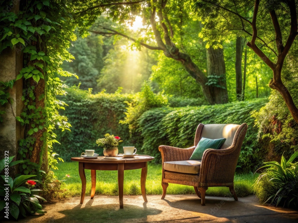 Obraz premium Serene Reading Nook in Nature - Tranquil Alcove for Research and Reflection